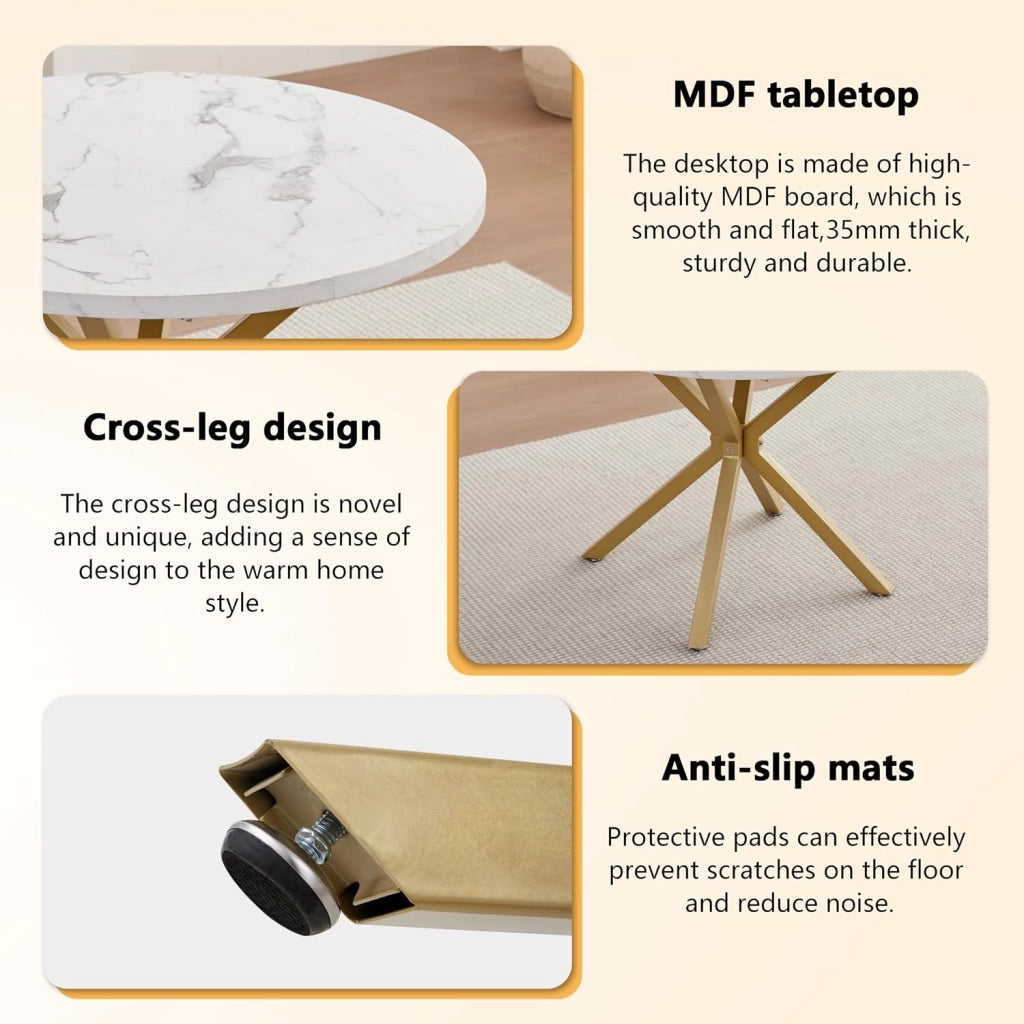 GrandCA HOME Set Tavolo e Sedie da Pranzo, 4 Sedie da Pranzo in Pelle Tecnica Marrone Chiaro e un Tavolo da Pranzo Rotondo Moderno da 100 cm, adatti per Cucina e Soggiorno (Marmo Bianco 1)