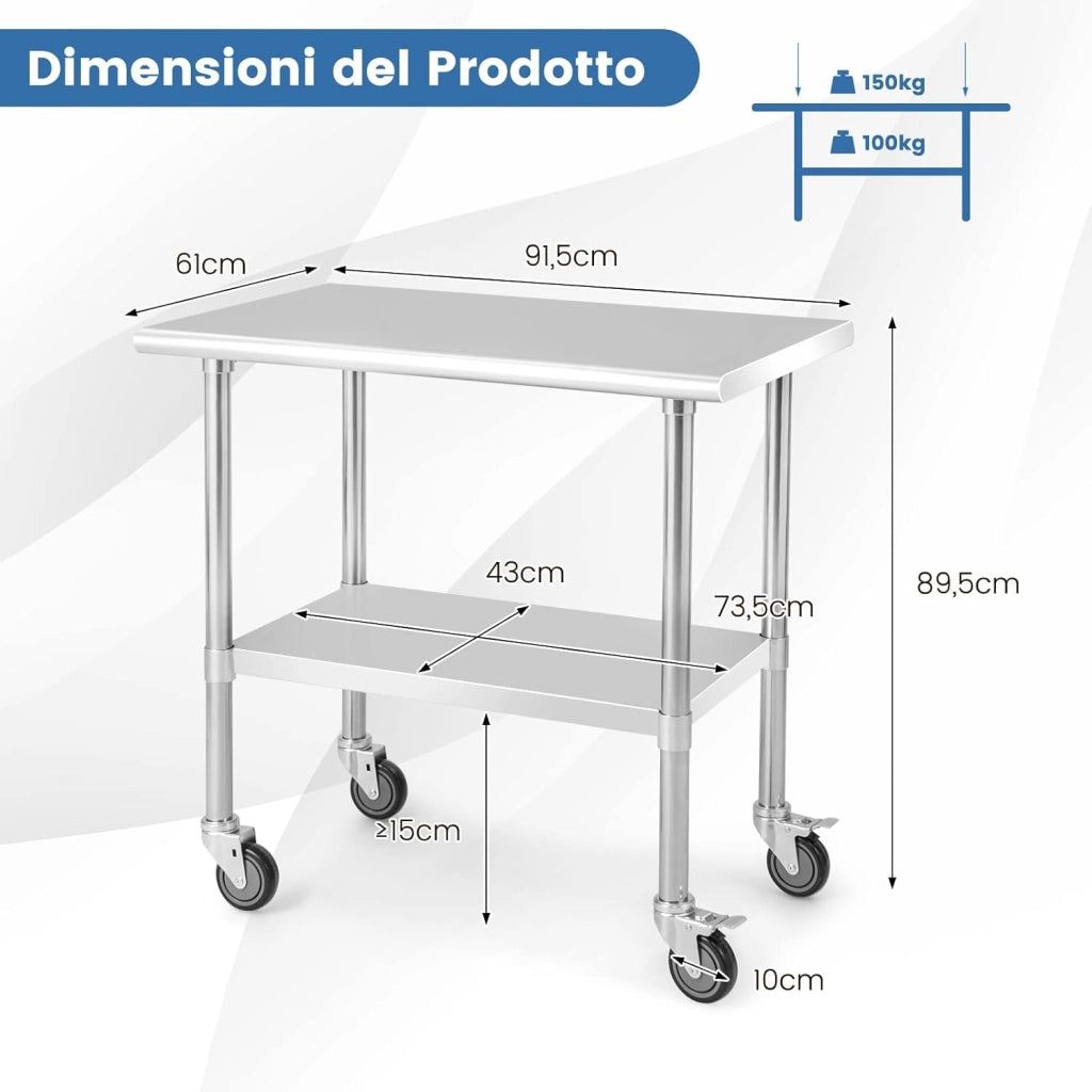 Tavolo da Lavoro in Acciaio Inox, Tavolo di Preparazione Alimentare/Porta Attrezzi con Ruote e Ripiano Inferiore Regolabile, per Cucina, Ristorante, Officina e Garage, 91,5 x 61 x 89,5 cm