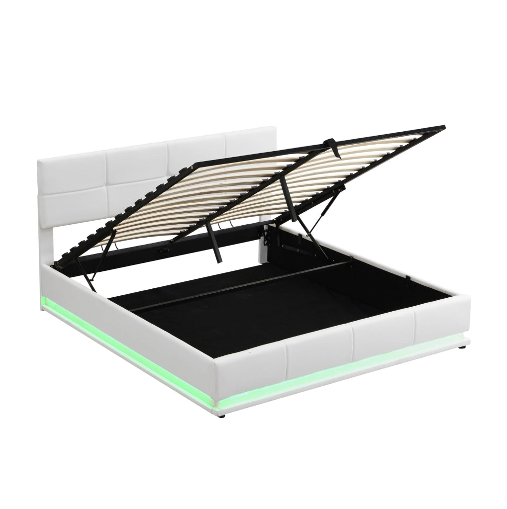 Letto 180x200 cm con LED e contenitore sollevabile in similpelle bianco