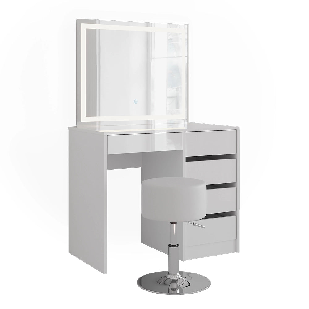 Vicco Tavolo da toeletta Bianco/bianco lucido 89.8 cm con specchio LED e sgabello
