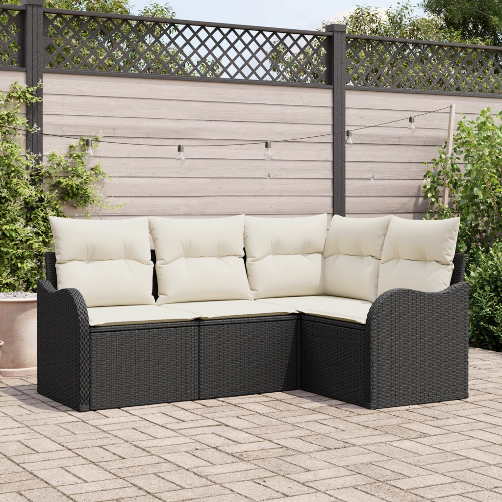 Set di Divani da Giardino in 4 Pezzi con Cuscini Nero Rattan