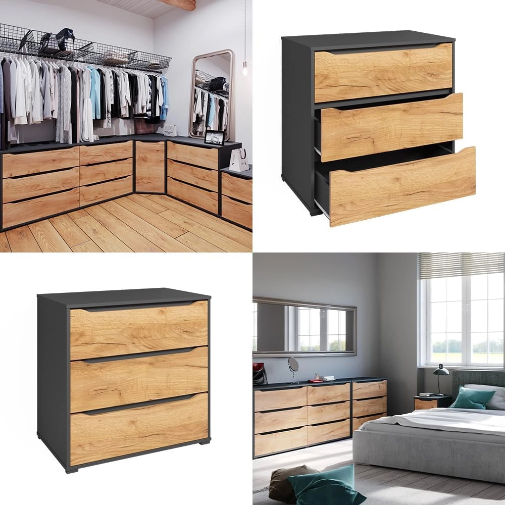 Credenza Ruben, Quercia dorata, 48 x 77.6 cm con cassetti, per riporre abiti e oggetti di uso quotidiano
