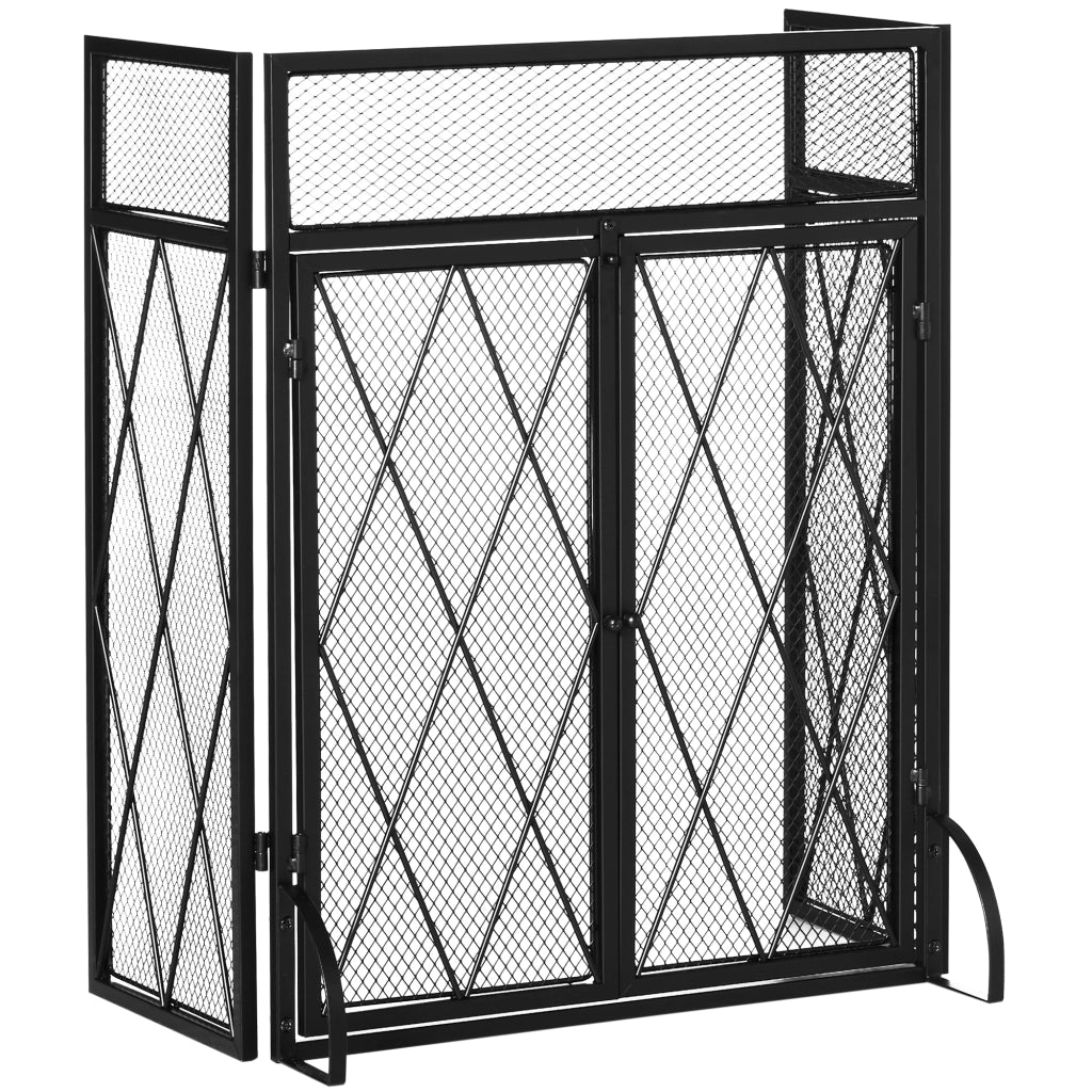 Parascintille camino 3 pannelli in ferro battuto con doppia anta; 120x79 cm; nero