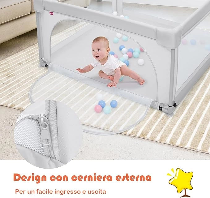 Box per Bambini, Centro Attività Portatile con Cancelli di Sicurezza, con Ventose Antiscivolo, Pareti a Rete Traspirante e 2 Anelli per Bambini, Cancello per Giocare con Palline (Grigio)