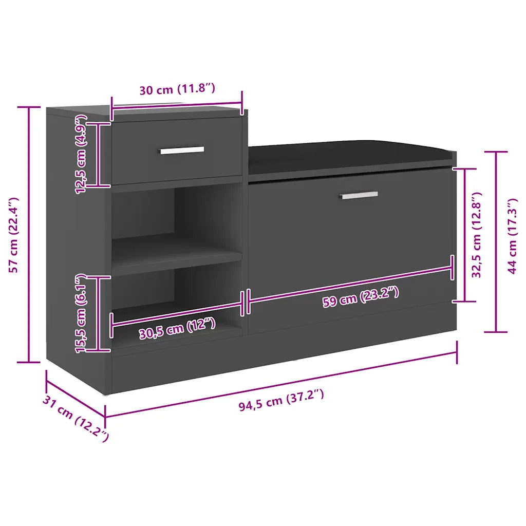 Panca Porta Scarpe Grigia 94,5x31x57 cm in Legno Multistrato 326743