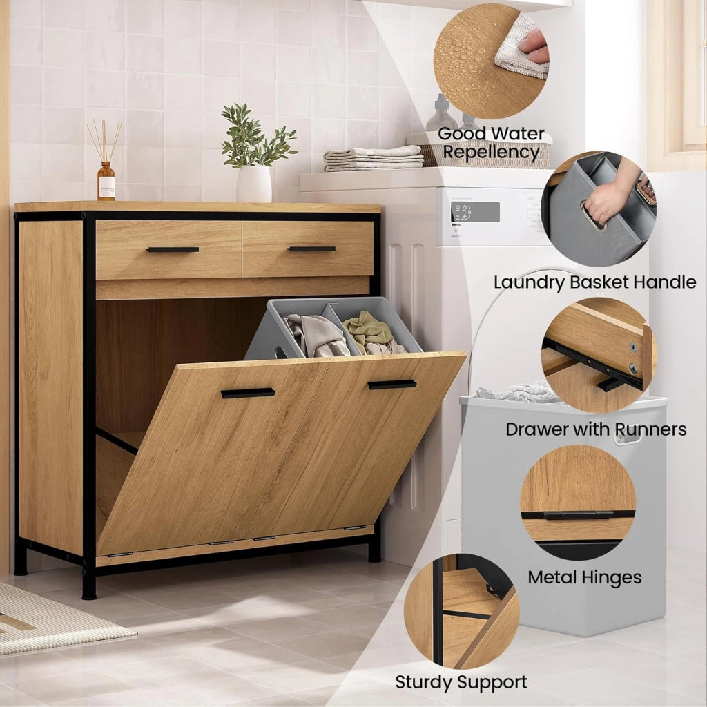 Mobile da Bagno con 2 Cassetti e 2 Sacchi per la Biancheria, in MDF con Struttura in Metallo, Rovere Chiaro + Nero, 72,5x34x80 cm