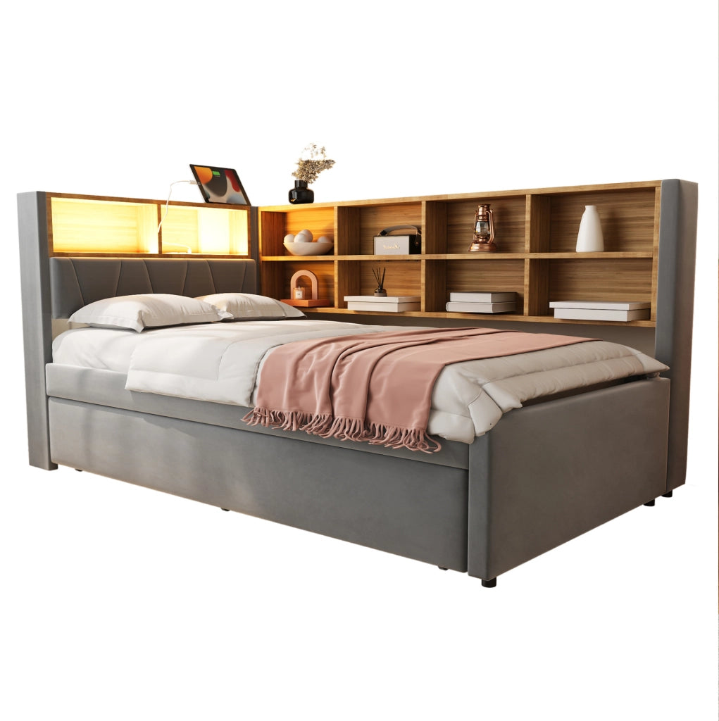 Divano letto multifunzione 90x200 cm con letto estraibile 90x190 cm; LED; USB e vano portaoggetti; grigio scuro
