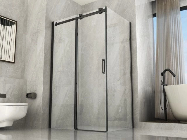 Box doccia in Cristallo 8 MM due lati fisso piu' porta scorrevole telaio Nero - Misura: 70 x 120 x h195
