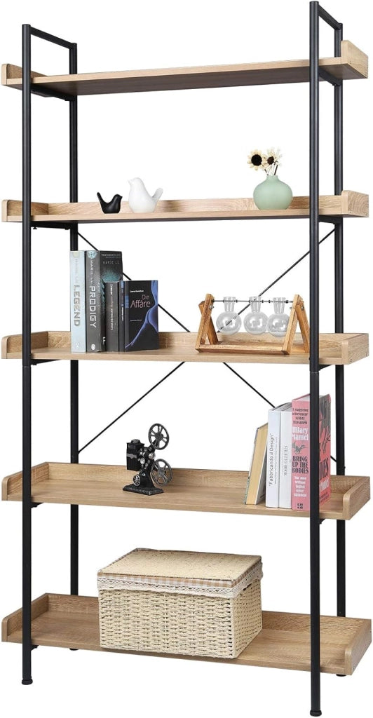 Scaffale per Libri con 5 Ripiani Aperti, Libreria con Struttura in Metallo per Soggiorno/Camera da Letto/Studio, 91x30x173 cm, Rovere Chiaro