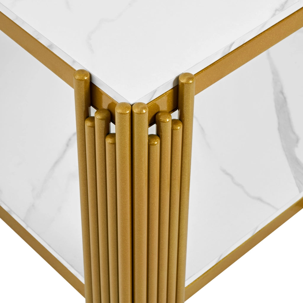 Tavolino da caffè con 2 ripiani; piano effetto marmo - per soggiorno - in MDF e metallo - 114x64x46 cm - bianco oro