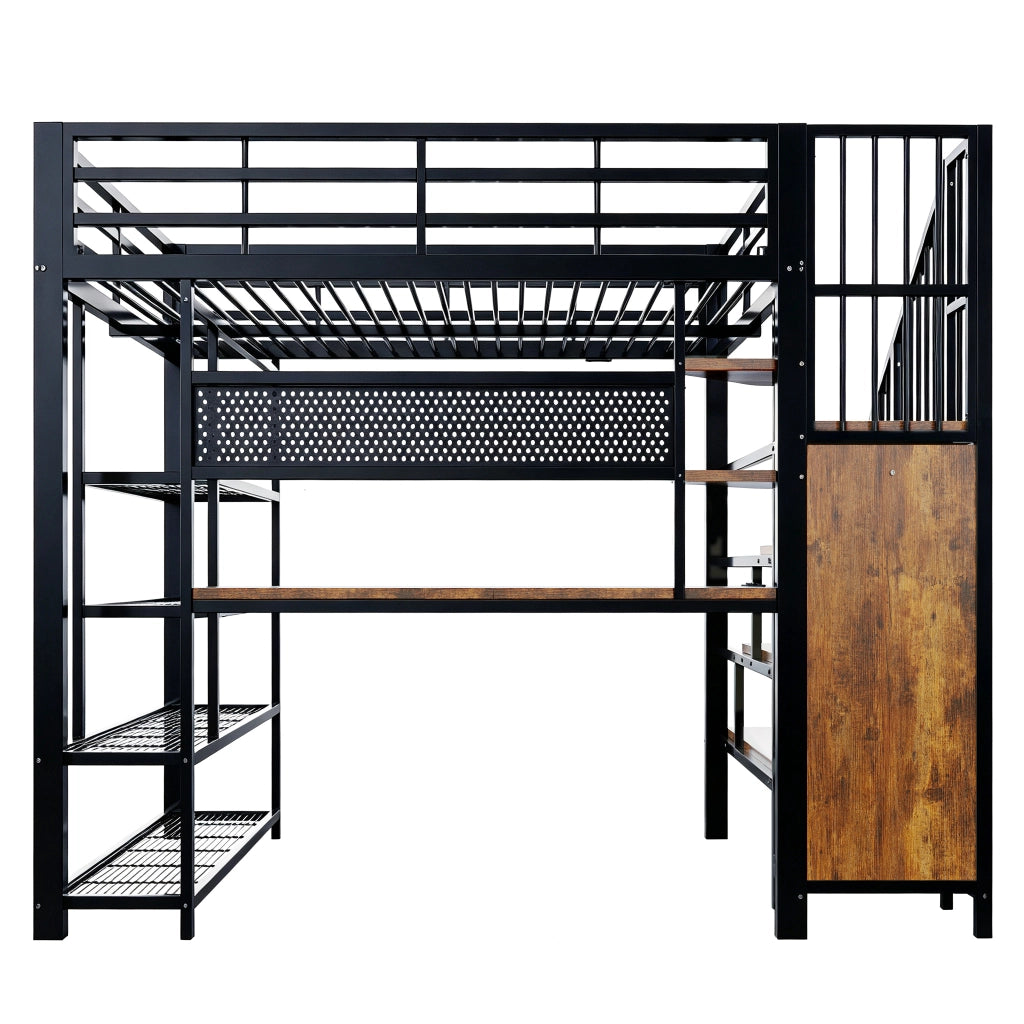Letto a soppalco 140x200 cm in metallo e legno con scrivania, scala contenitore, mensole, pannello forato, prese Euro e LED nero