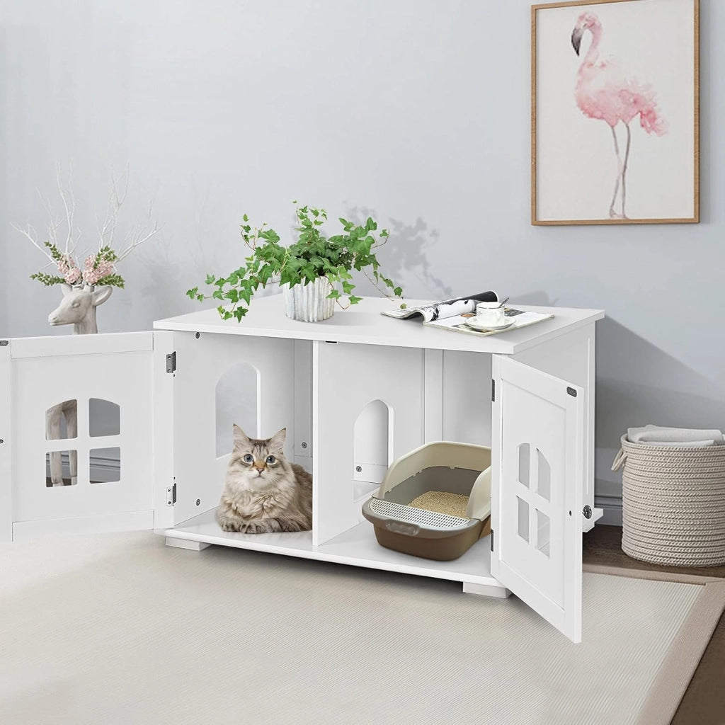 Casetta-comodino per Gatti con Doppie Porte e Finestre, Casetta Decorativa Ventilata per Domestici, 81 x 53 x 49 cm (Bianco)