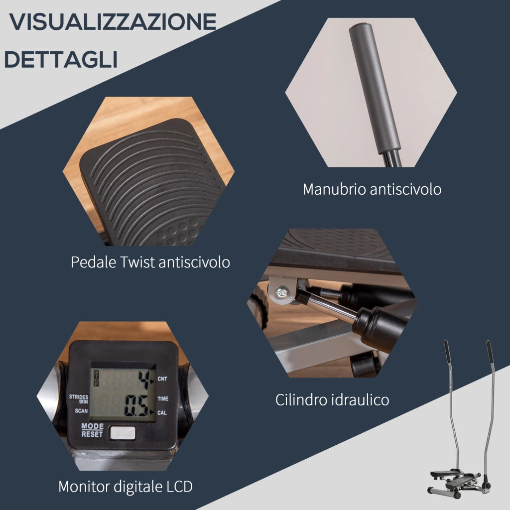 EasyComfort Stepper Fitness con Maniglia e Bande Elastiche, Stepper con Monitor LCD per Allenamento a Casa e Palestra, Argento