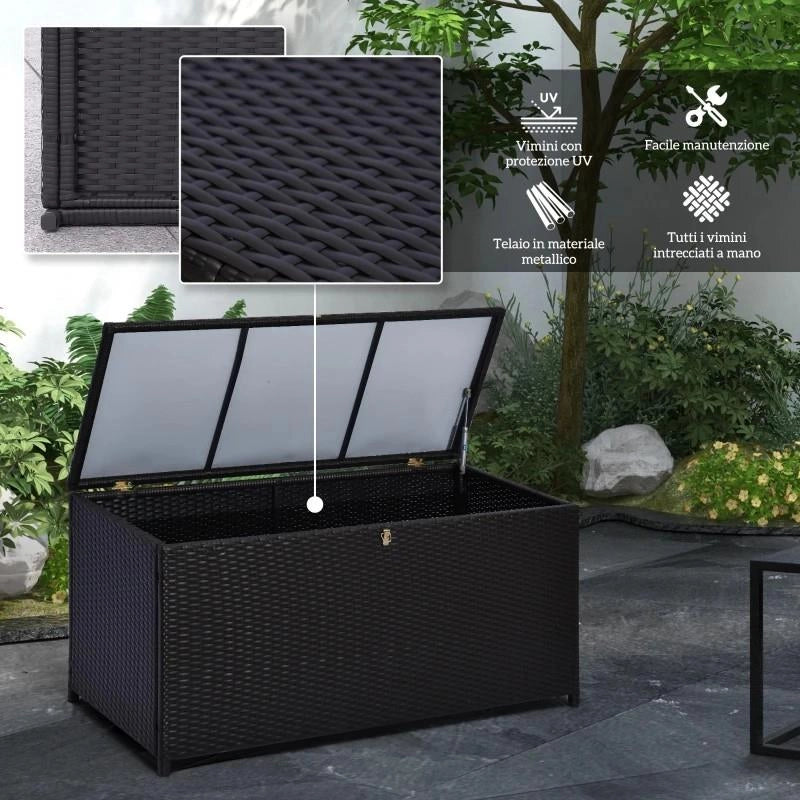BAULE DA ESTERNO DA 284L CON PISTONE A GAS, RATTAN PE E ACCIAIO, 118X54X59 CM, MARRONE SCURO