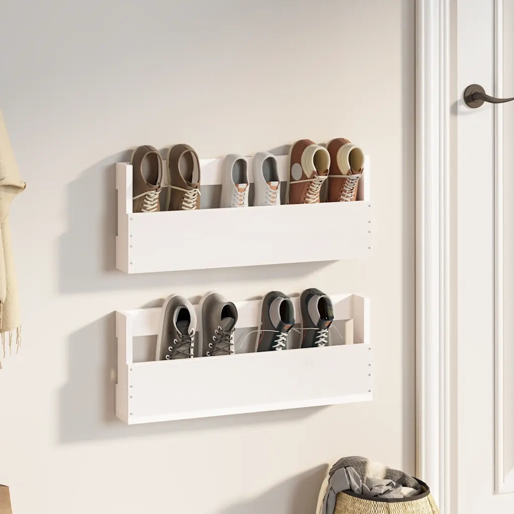Scarpiere a Parete 2 pz | Mobile per scarpe Bianco 59x9x23cm Legno Massello di Pino