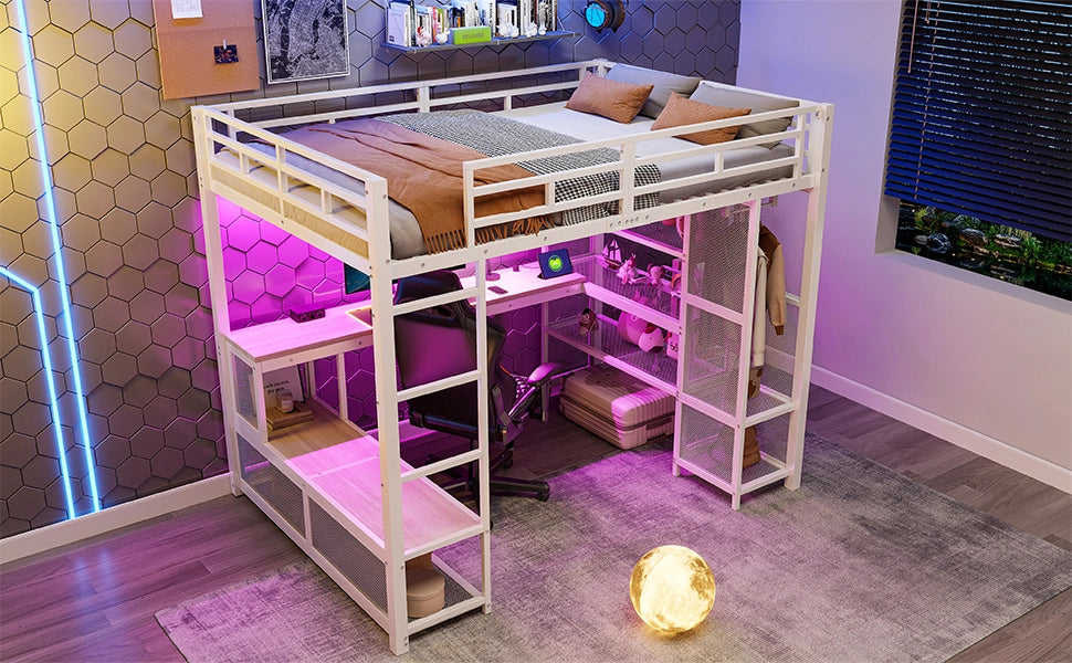 Letto a soppalco 140 × 200 cm con scrivania, ripiani, armadio aperto e LED, senza materasso, bianco
