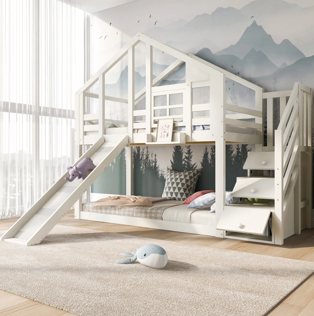 Letto a castello a casetta 90x200 cm con scivolo, bianco