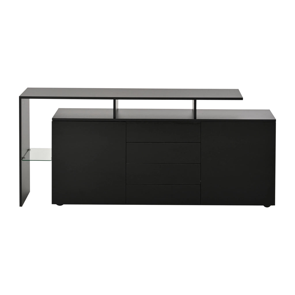 Credenza nera lucida 160 cm con 4 cassetti e 2 ante; mobile TV con LED controllo app; MDF e vetro