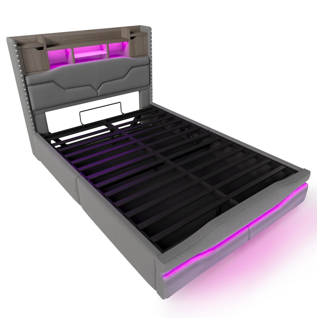 Letto imbottito ULEVR 140x200 cm con contenitore idraulico, LED RGB e prese USB/Type-C, grigio