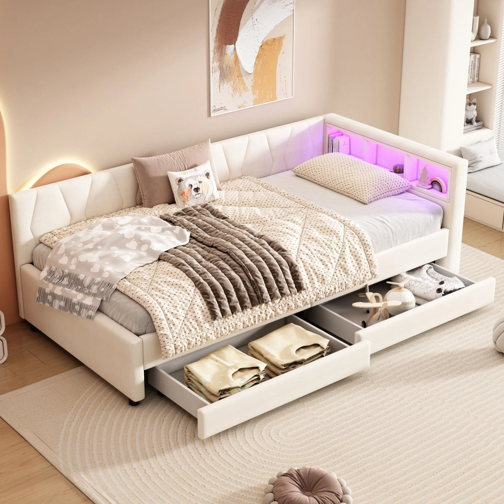 OKWISH Letto a Divanetto 90×200 cm, Letto Singolo con 2 Cassetti, USB, Tipo C e LED Regolabile, senza Materasso, in Lino, Beige