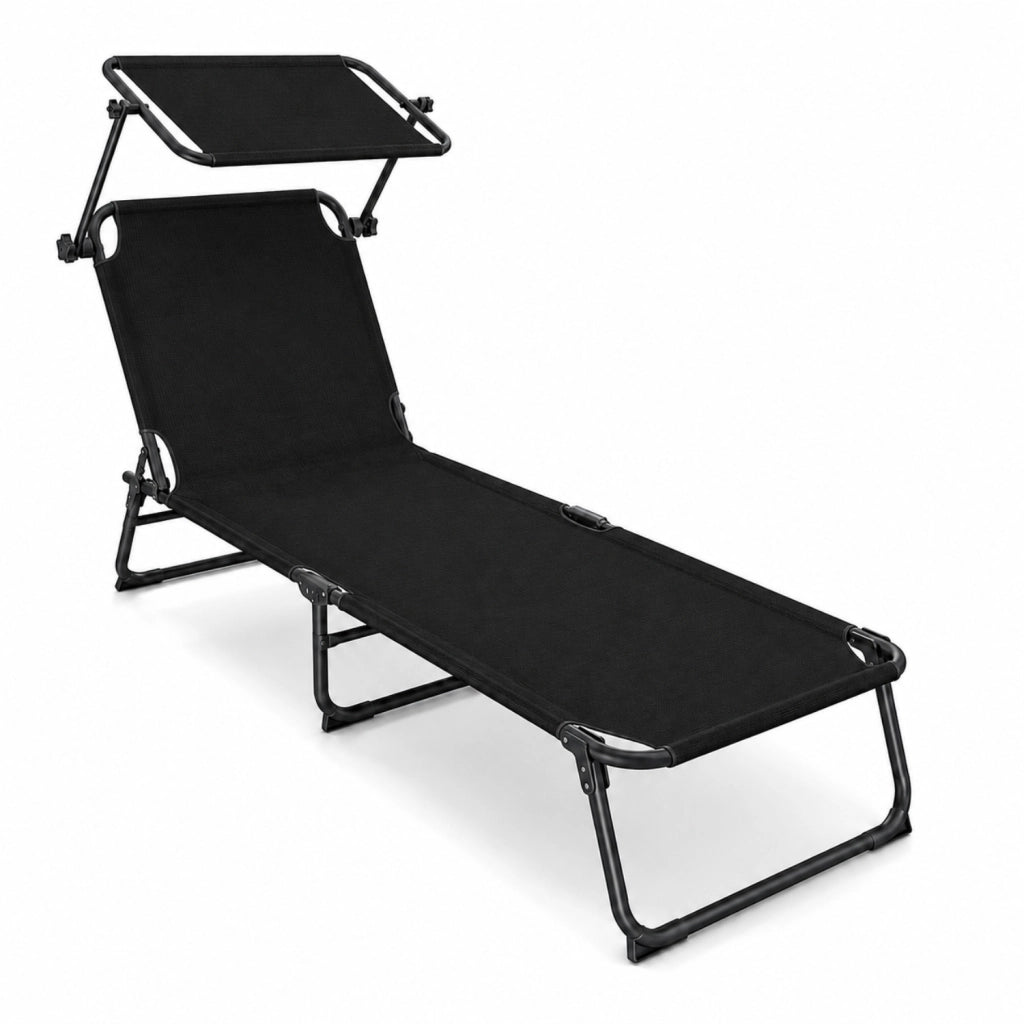 Lettino Pieghevole Sdraio Con Tettuccio Regolabile Schienale Reclinabile Parasole Prendisole Struttura In Metallo Sedia Sdraio Per Mare Spiaggia Giardino Piscina 187 x 53 x 24 Cm Nero