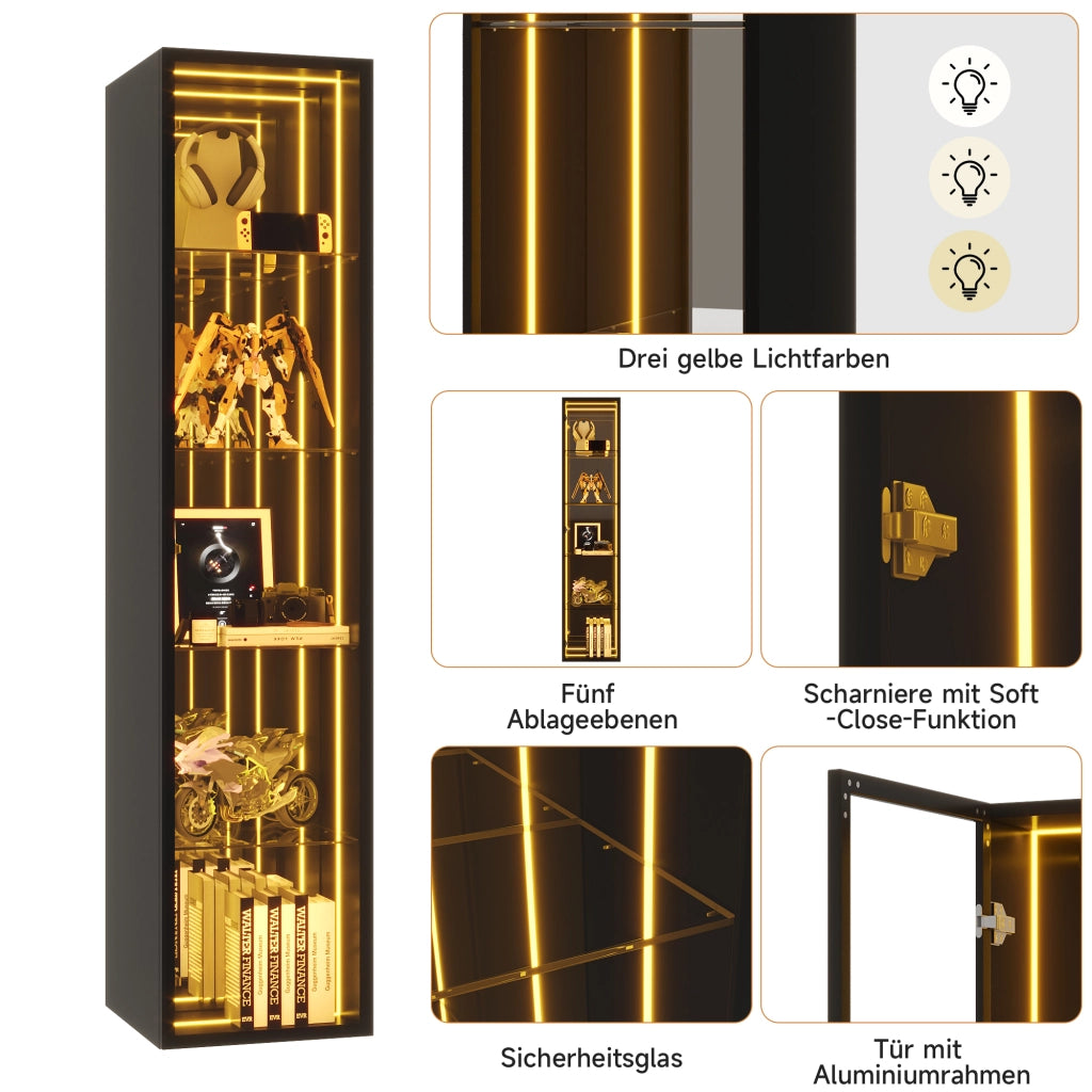 Vetrina con LED 1 anta 5 vani e ripiani regolabili in vetro temperato alluminio e MDF nero 30 × 30 × 160 cm