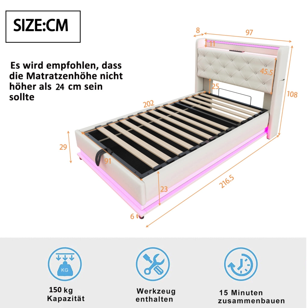 Letto singolo imbottito ULEVR 90x200 cm con contenitore idraulico, LED RGB, USB e Type-C, beige