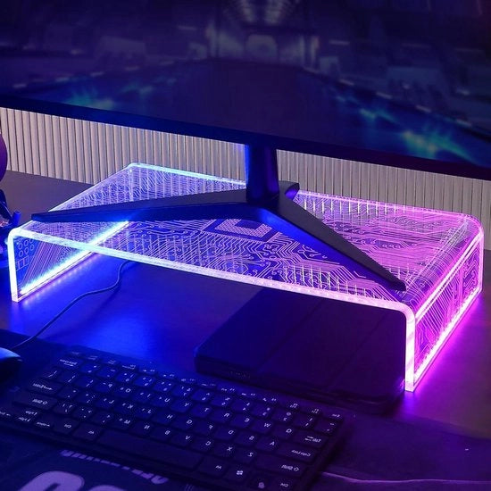 Stand per monitor Riser con illuminazione acrilica per computer con schema di PCB per lampade LED - blu rosa - stand per desktop e laptop - regalo per ragazzi e ragazze giocatori