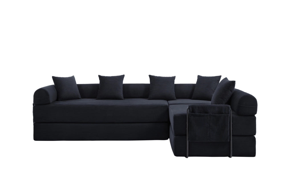 Divano modulare 270x180x64 cm trasformabile in letto con tasca laterale in velluto a coste nero