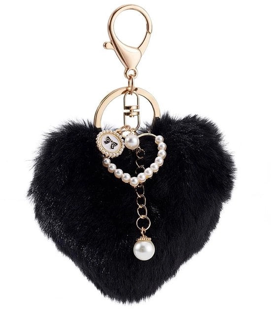Accessorio per chiavi a forma di cuore - Piuma soffice a forma di palla - Lameggiatura imitazione perla - Bottone a forma di granchio dorato - Qualità alta - Disegno carino - Accessorio per chiavi