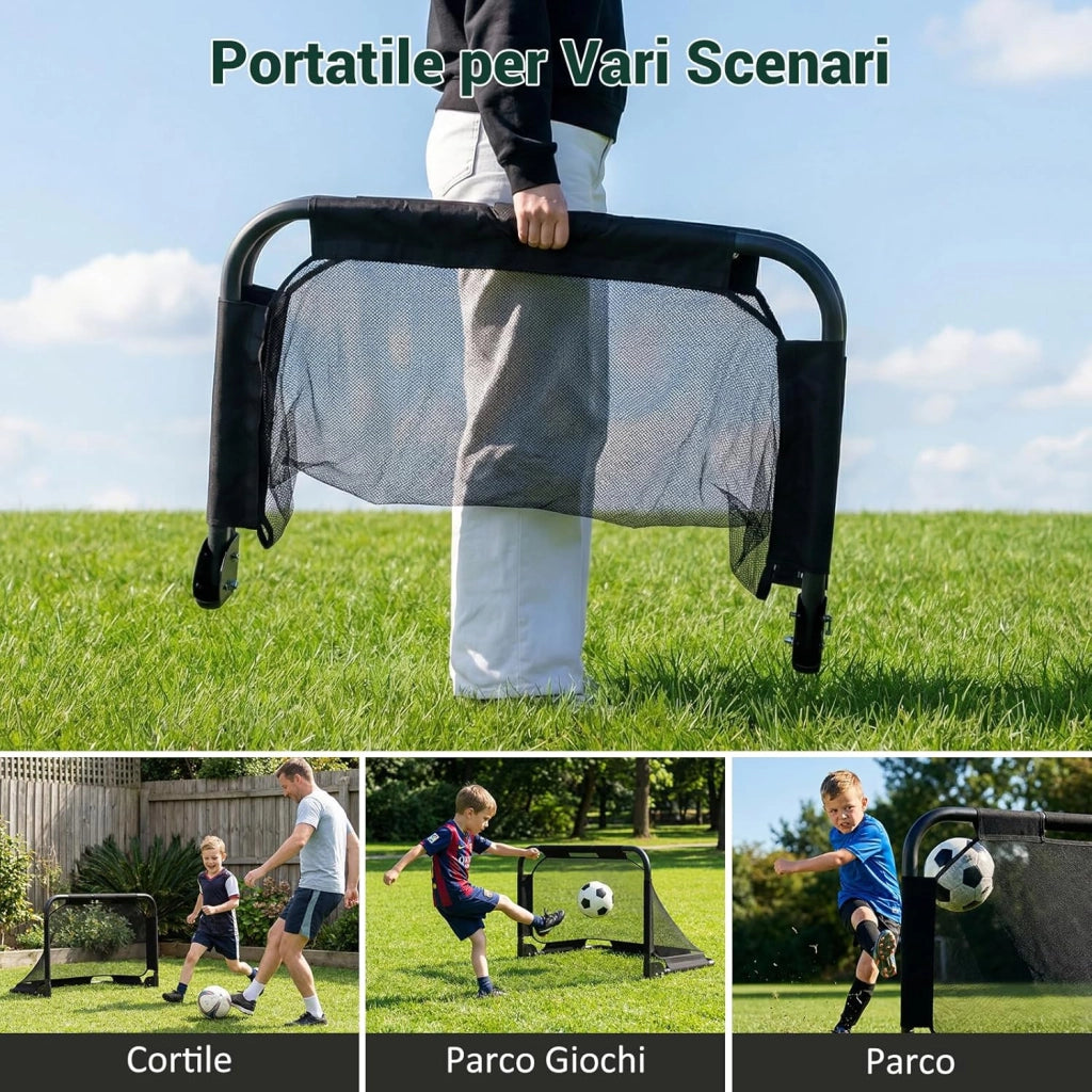 Porta da Calcio Pieghevole, Mini Rete da Calcio per Bambini con Tubo in Metallo e 4 Picchetti, Kit da Allenamento per Bambini 6+ Anni, per Parco, Spiaggia e Cameretta, 91 x 62 x 62 cm