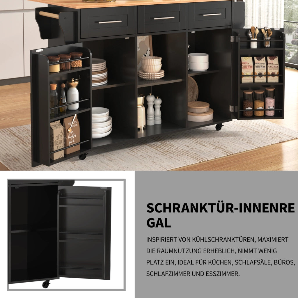 CARRELLO CUCINA con piano ribaltabile 139x46(71)x91,5 cm MDF Nero/Naturale