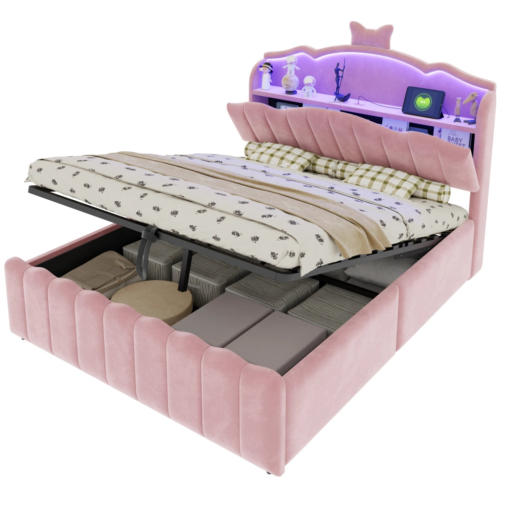 Letto per bambini 140 × 200 cm con contenitore idraulico, LED colorati, USB e USB-C, senza materasso, rosa