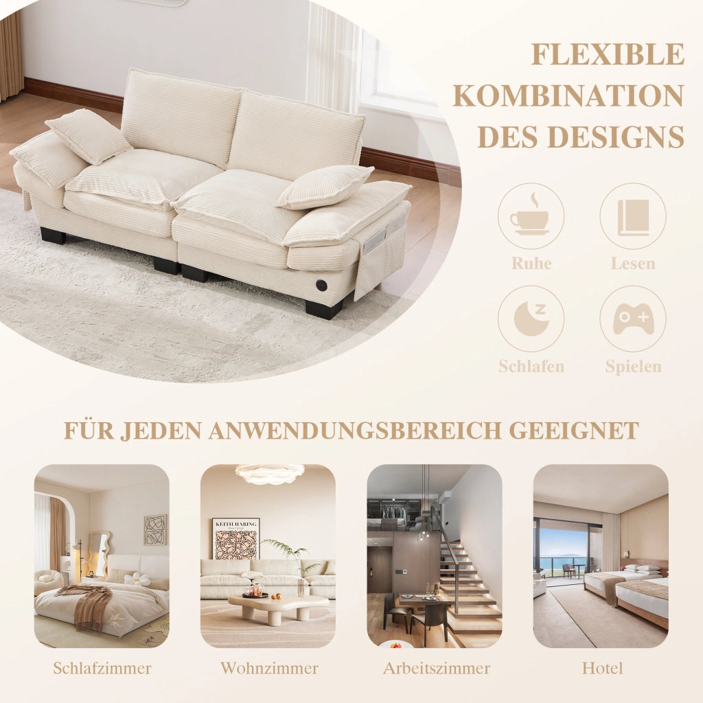 SOFA 2 POSTI 190x73x84 cm in Corduroy Beige con USB-C