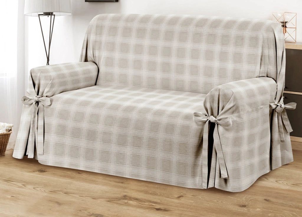 Copridivano Fodera Telo Protezione Divano Con Laccetti Fiocco Varie Fantasie - 2 Posti - Scozzese Beige