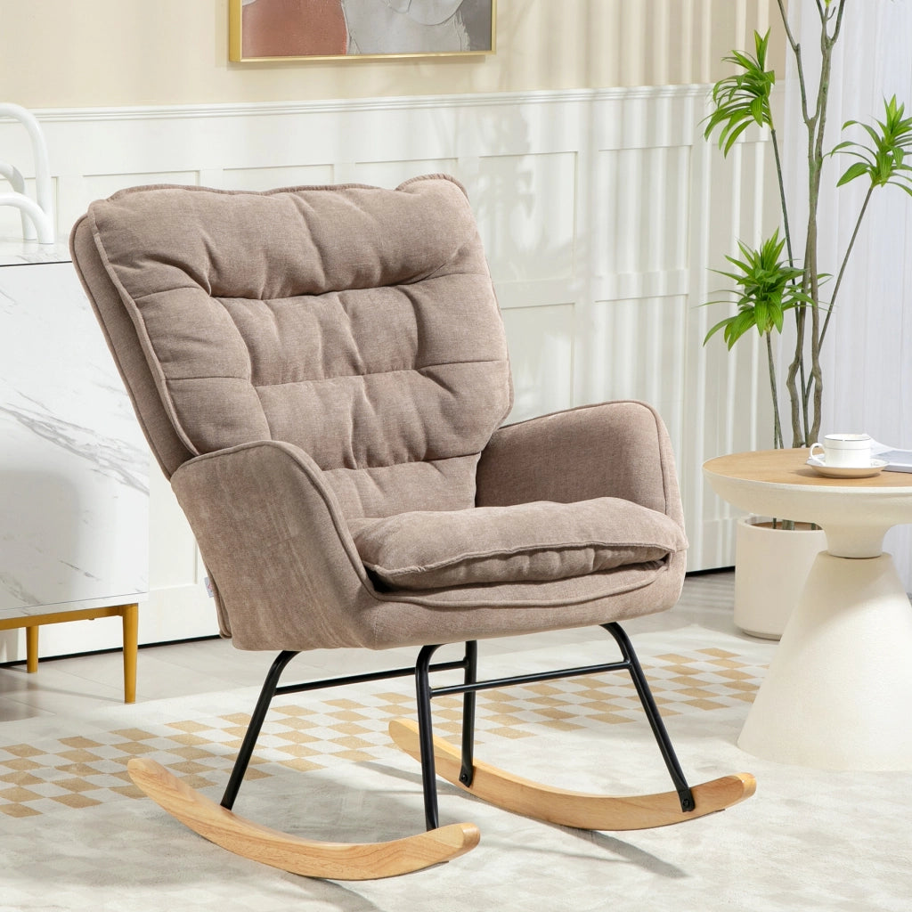 Poltrona a dondolo con movimento rilassante e seduta ampia in tessuto chenille poliestere marrone 71 × 98,5 × 97 cm