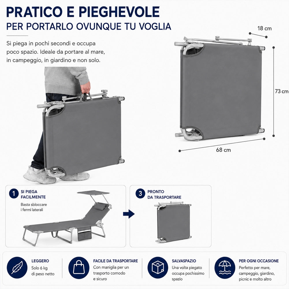 Lettino Pieghevole da Spiaggia Esterno Piscina Grigio Sdraio da Mare con Parasole