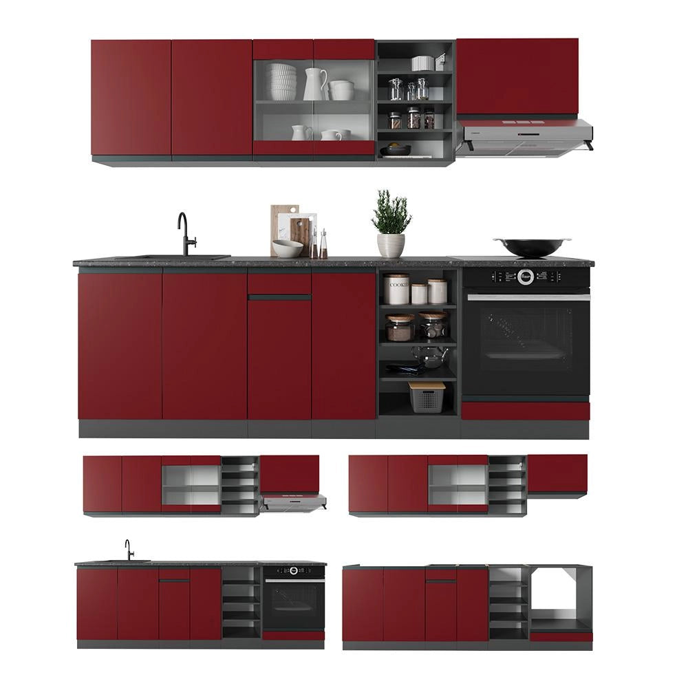 Cucina componibile R-Line Rosso/Antracite 240 cm J-Shape, PL Rovere Vicco