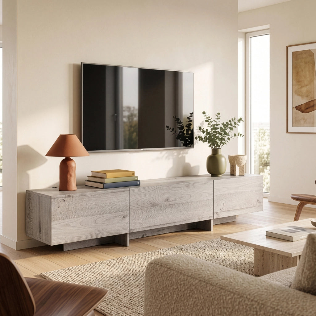 Mobile porta TV Kapipimso con Ante a Ribalta - Effetto Rovere, Grigio [en.casa]