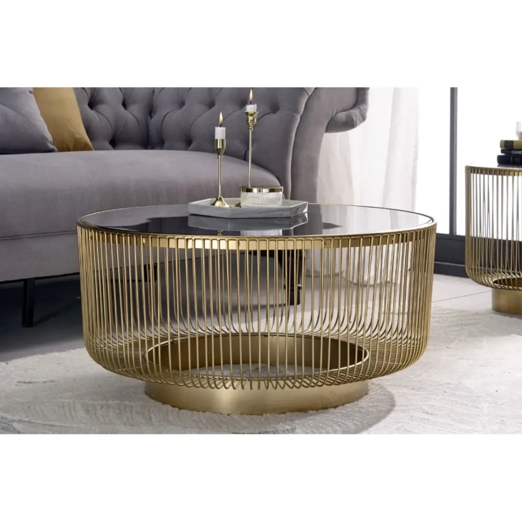 Tavolino rotondo LINEOR 79 cm dorato con piano in vetro temperato