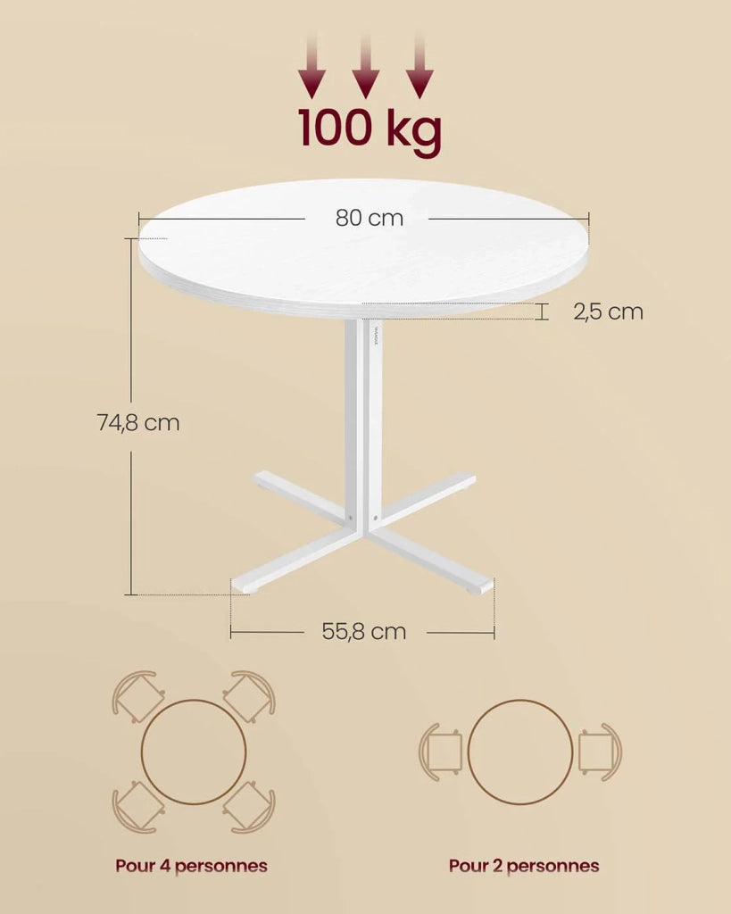 Tavolo da cucina rotondo per 4 persone stile country superficie resistente all'acqua diametro 80 cm altezza 748 cm per soggiorno bianco neve 12_0007680