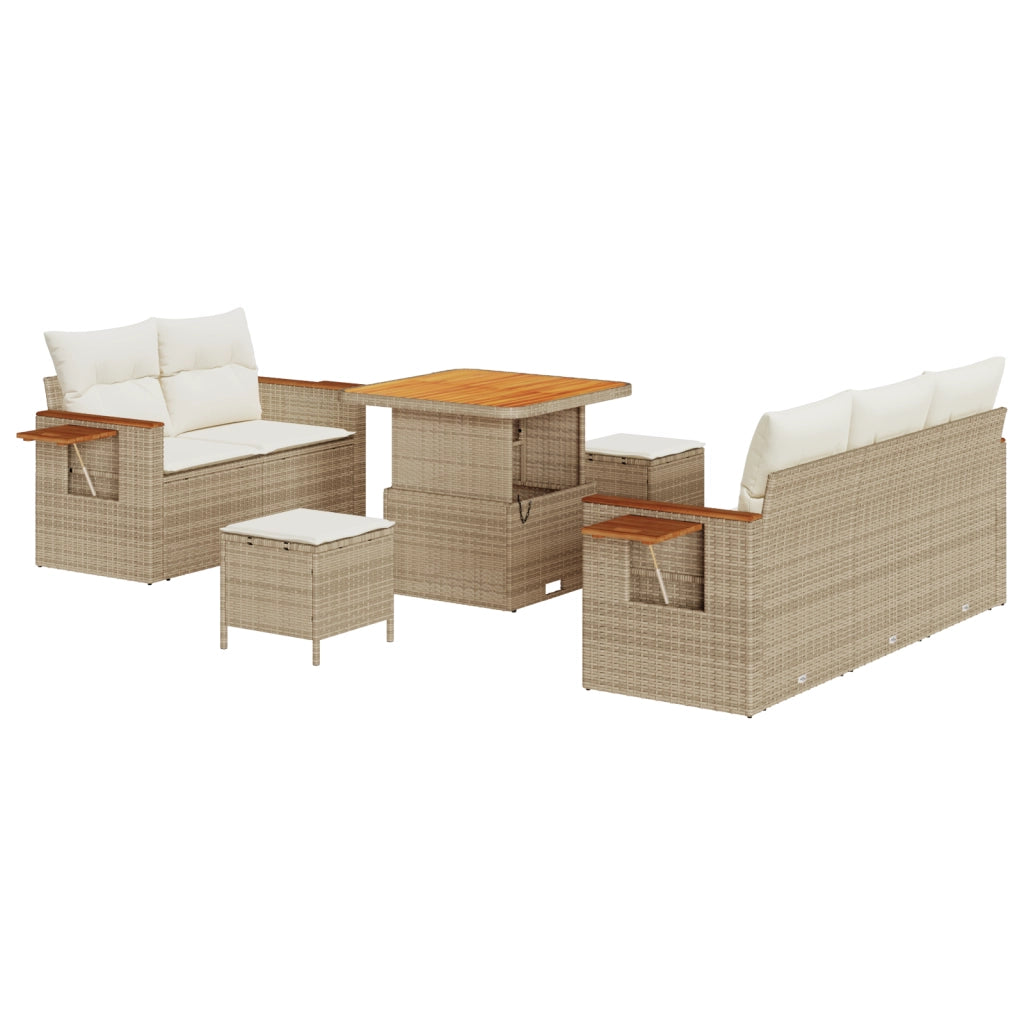 Set Divano da Giardino 8 Pezzi con Cuscini Beige Polyrattan Acacia