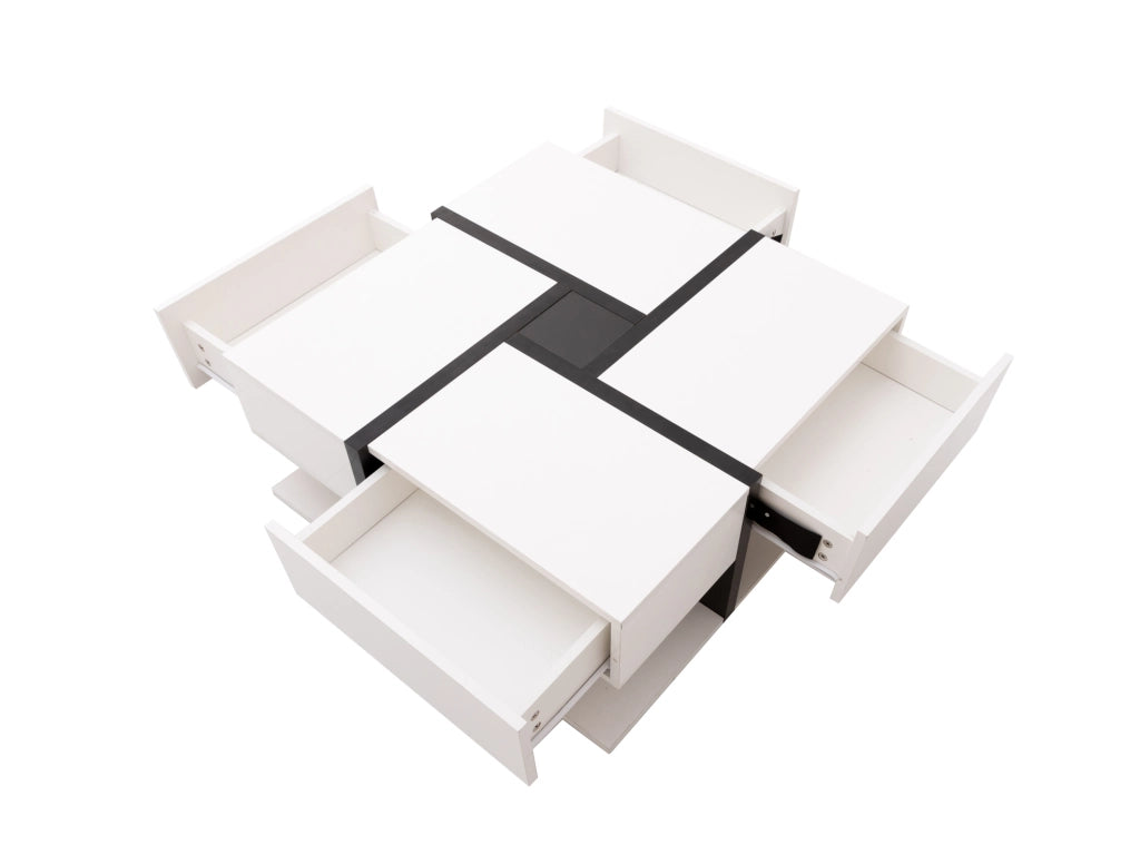 Tavolino da caffè quadrato lucido 78x78x36 cm con 4 cassetti e ripiano inferiore; bianco