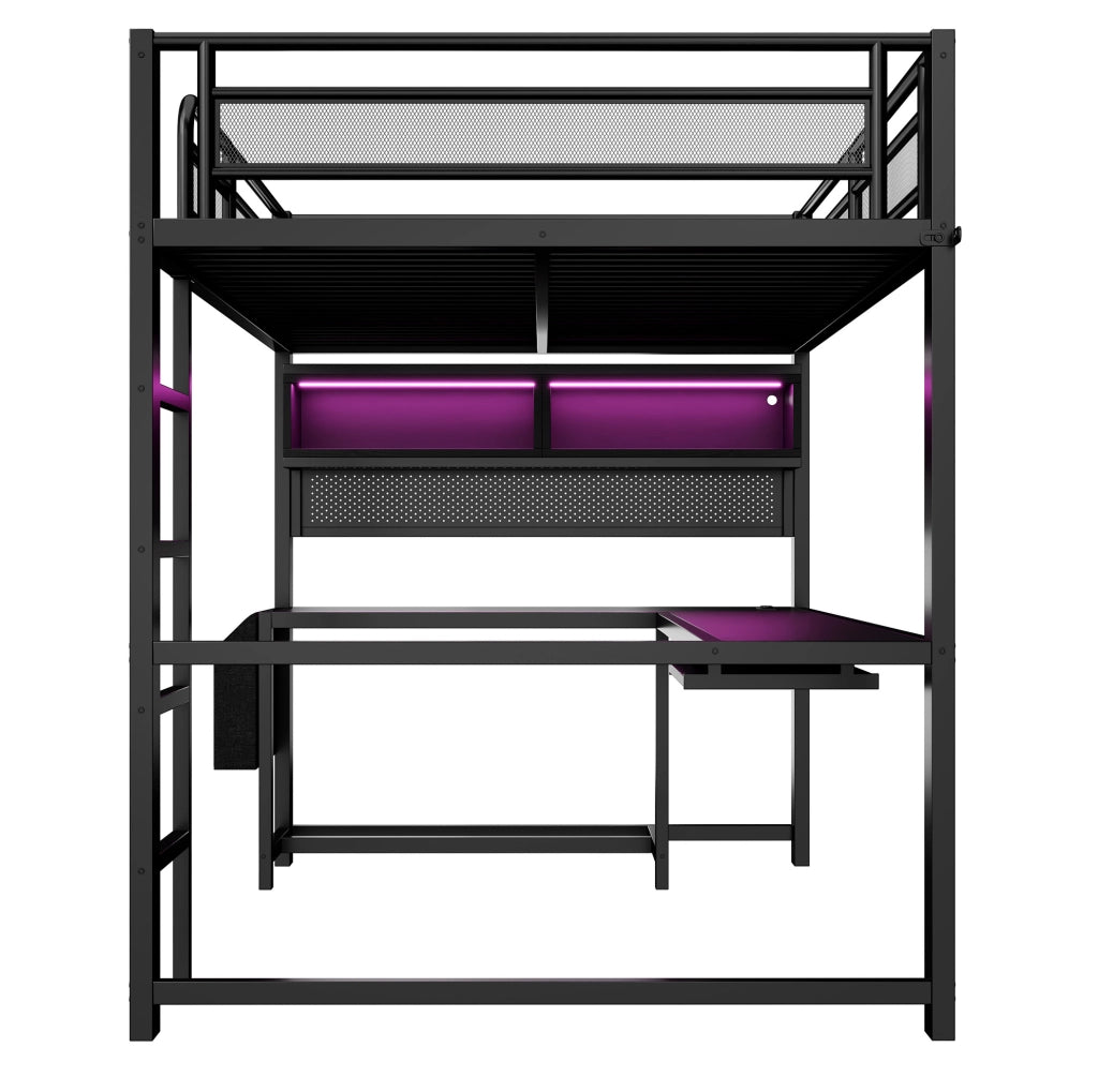 Letto a soppalco gaming 140x200 cm con scrivania, LED e prese USB in nero