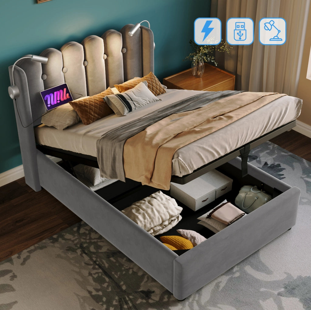 Letto singolo contenitore 90x200 cm in velluto grigio con USB