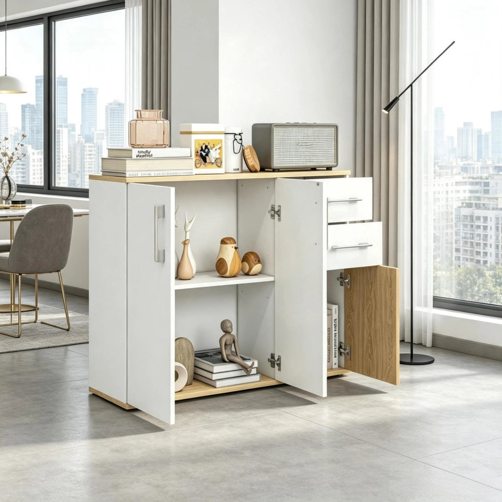 Credenza con 2 ante; 2 cassetti e ripiano regolabile; 90x30x75;5 cm; bianco e naturale