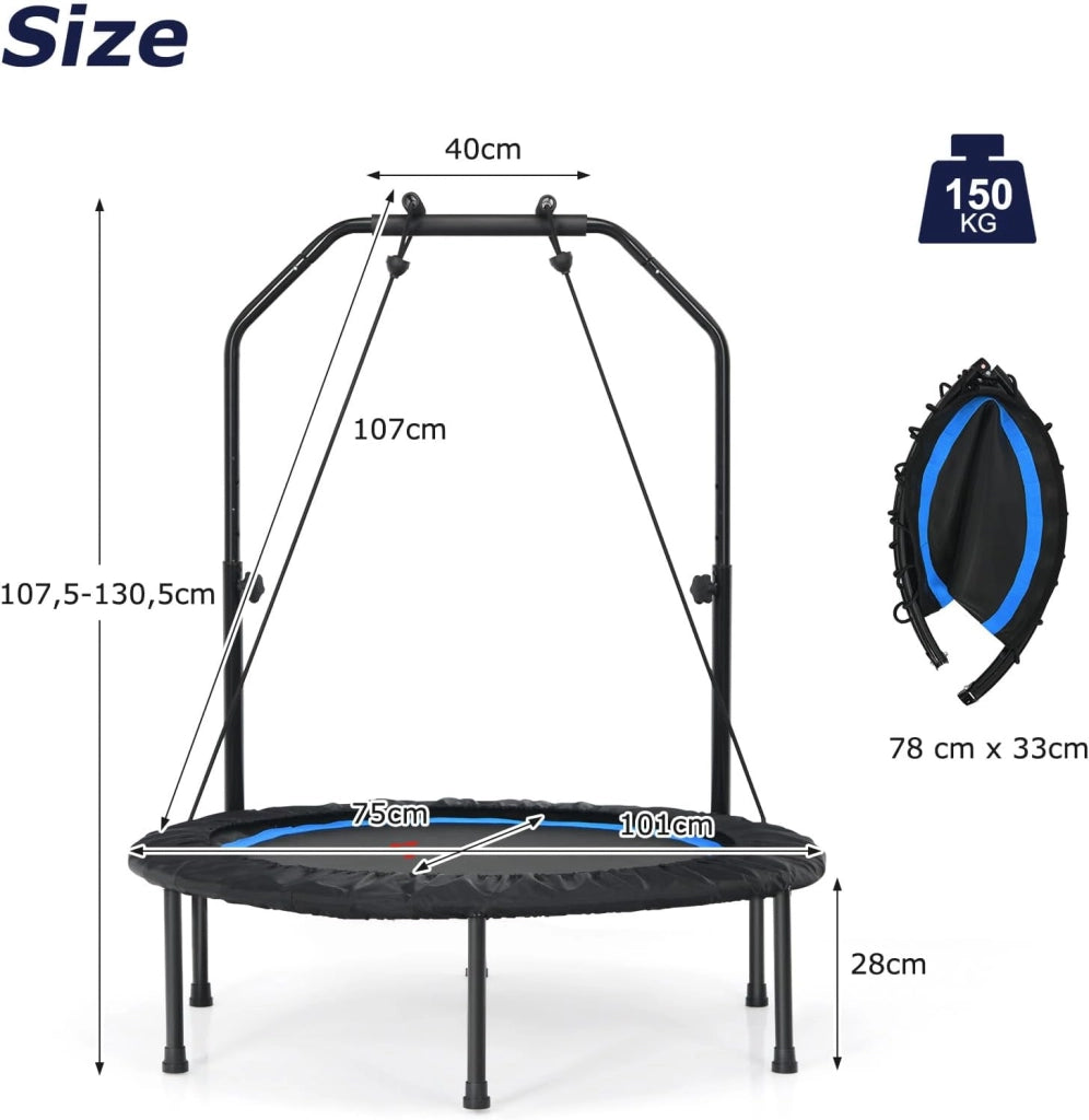 Tappeto Elastico 2 in 1 Ø101 cm, Trampolino Elastico Fitness da Interno e Esterno con Manico Regolabile in Altezza e 2 Fasce di Resistenza, Mini Trampolino Pieghevole fino a 150 kg, Nero+Blu