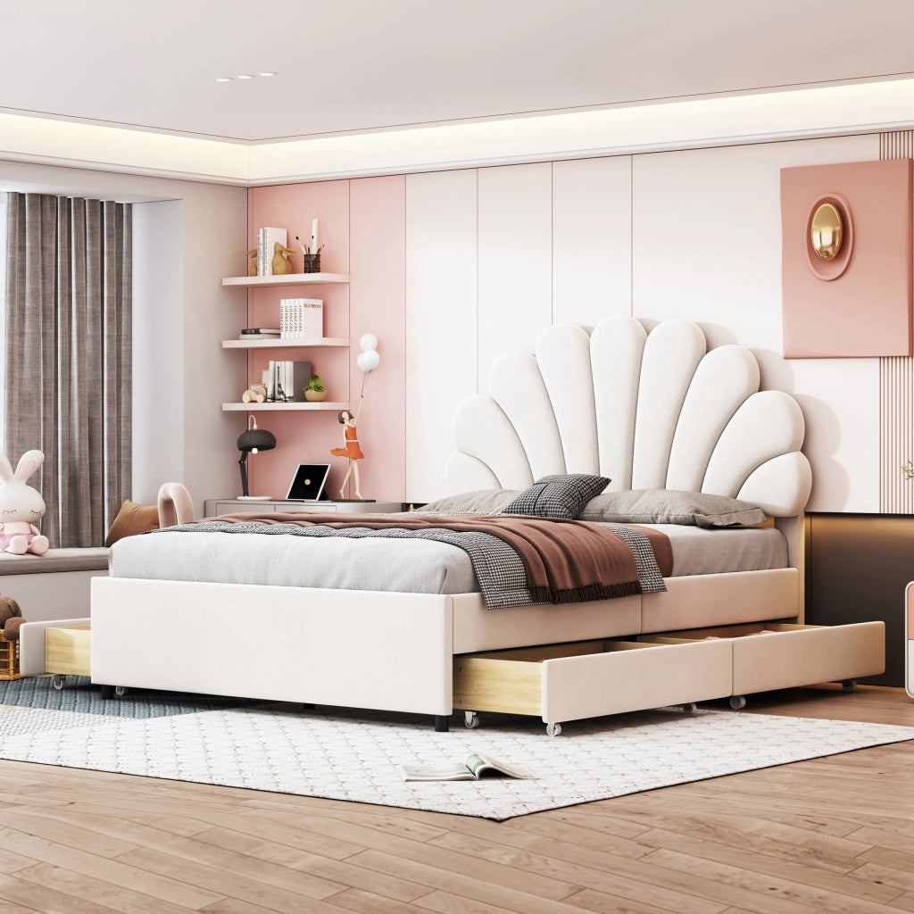 OKWISH Letto con Cassetti 140×200 cm, Letto Matrimoniale con 4 Cassetti, Testiera a Fiore e Vani Portaoggetti, senza Materasso, Velluto Beige