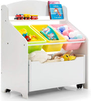 Scaffale Porta Giocattoli per Bambini in Legno con Contenitore e 3 Vassoi, Mobiletto Multiuso per Bambini con Ruote,Cesto Portaoggetti per Camera dei Bambini, 76 x 38 x 63,5 cm (bianco)