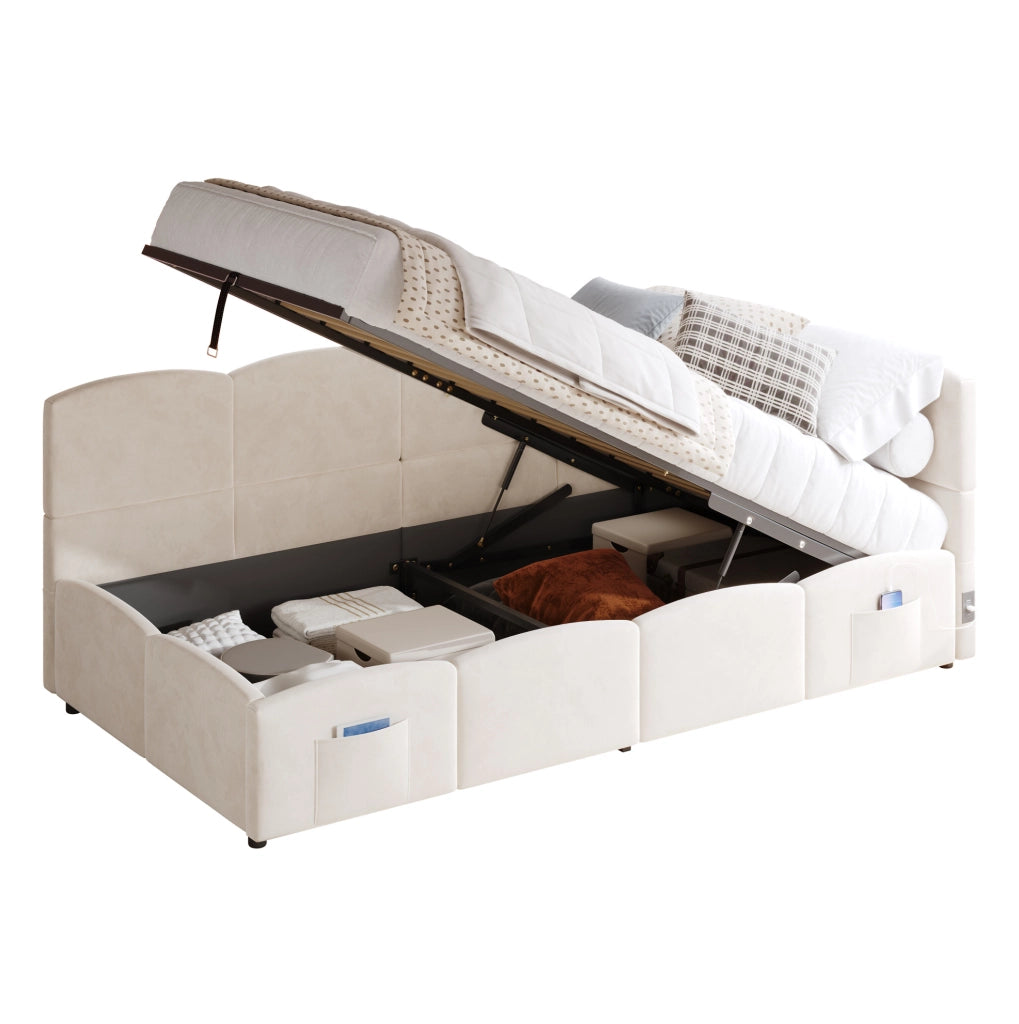 Divano letto con contenitore idraulico; USB-A/USB-C; velluto beige; per materasso 90x200 cm